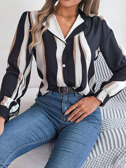 flowersverse Buttoned Contrast Color Printed Long Sleeves Loose Notched Collar Blouses&Shirts Tops