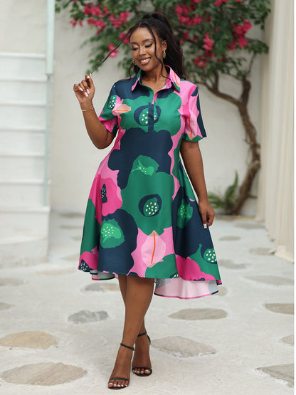 flowersverse Short Sleeve Floral Print Midi Dresses