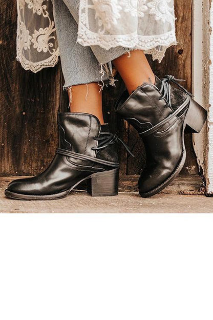 flowersverse Lace Up Chunky Heels Ankle Boots