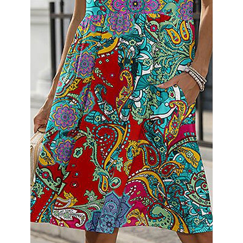 flowersverse Women's Casual Dress Ethnic Dress Summer Dress Floral Tribal Pocket Print Crew Neck Midi Dress Fashion Ethnic Outdoor Daily Short Sleeve Loose Fit Green Spring Summer S M L XL XXL