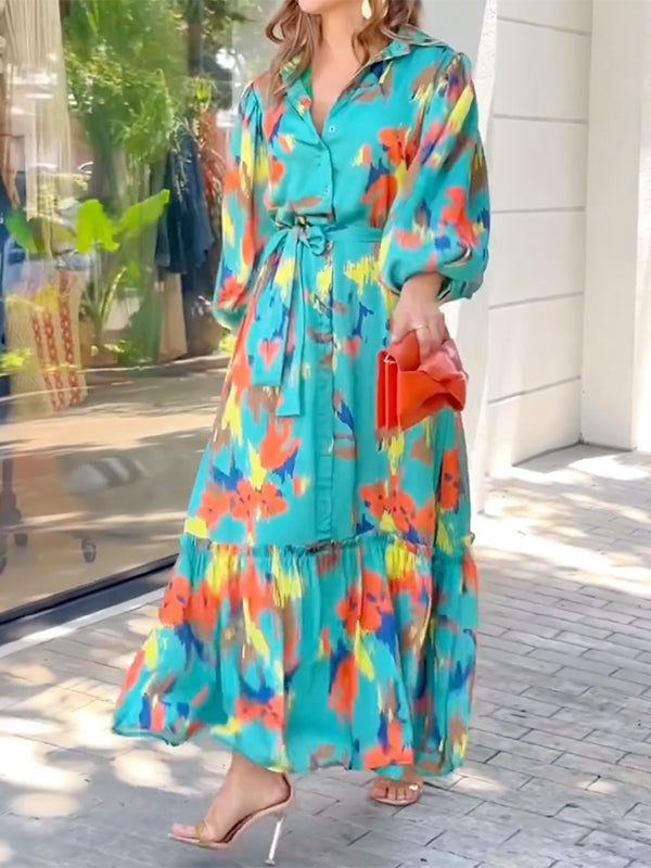 flowersverse Long Sleeves Loose Printed Lapel Collar Maxi Dresses