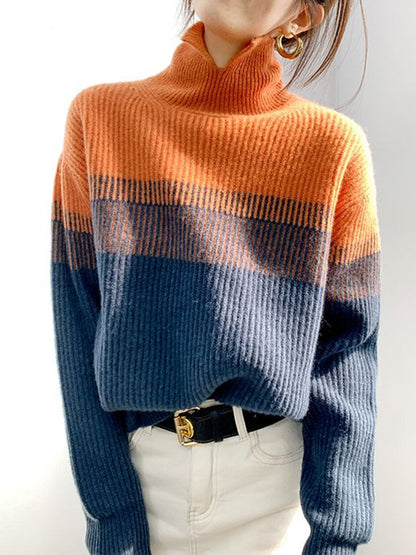 flowersverse Casual Loose Long Sleeves Striped High-Neck Sweater Tops