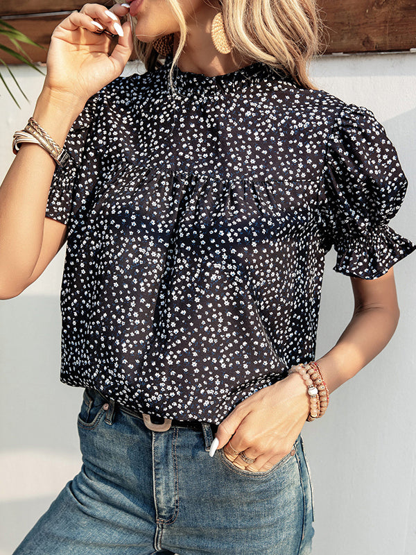 flowersverse Elastics Floral Printed Split-Joint Bishop Sleeve Stand Collar Blouses&Shirts Tops