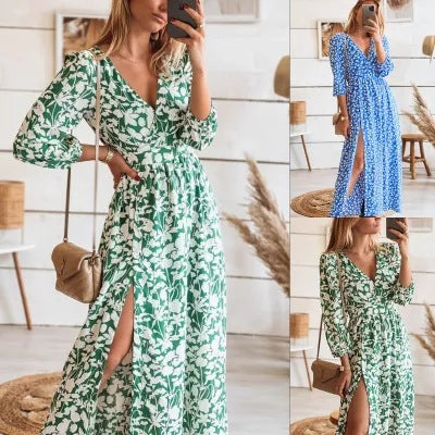 flowersverse Printed Slit Long Chiffon A-line Dress