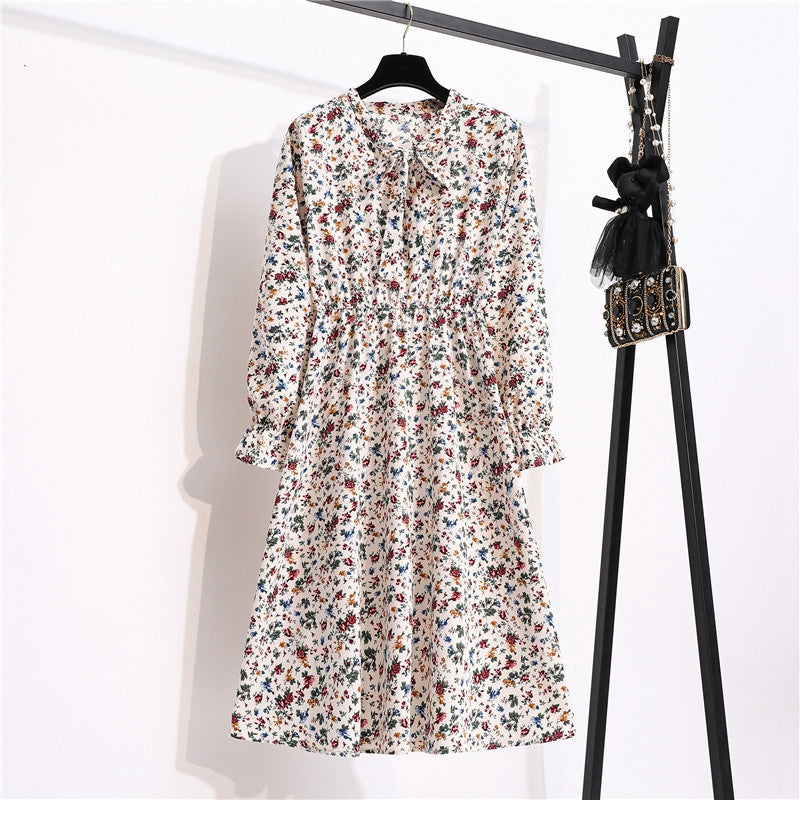 flowersverse Autumn Winter Ladies Chiffon High Elastic Waist Women Bow Aline Full Sleeve Flower Print Floral Party Dress Female Vestido