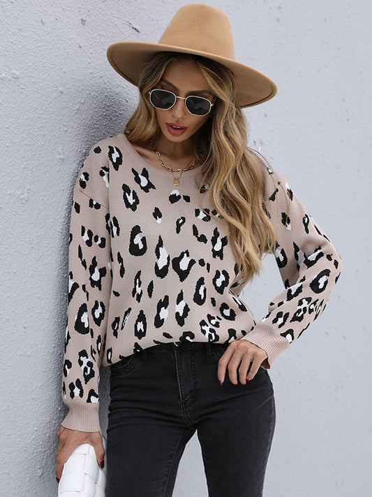 flowersverse Casual Loose Leopard Round-Neck Sweater Top