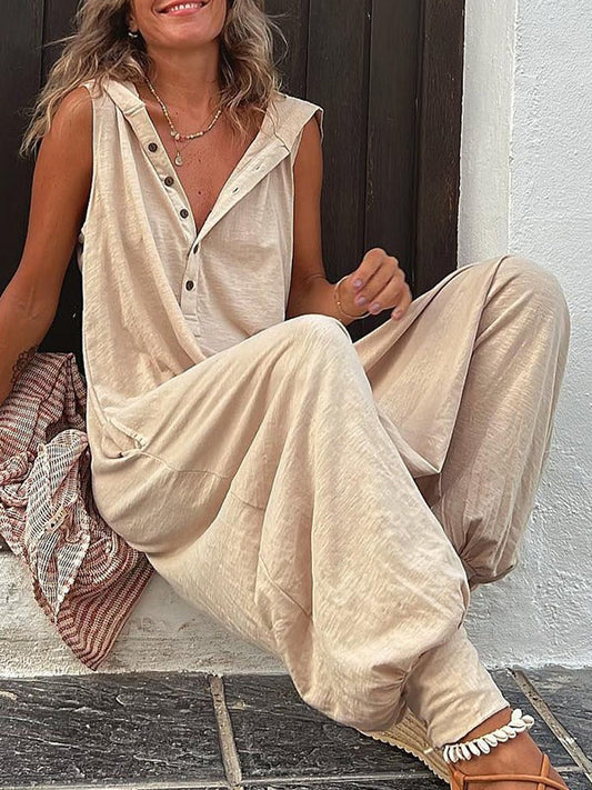 flowersverse Buttoned Loose Sleeveless V-neck Jumpsuits