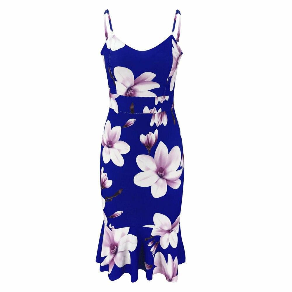 flowersverse Women Floral Print Strappy Midi Party Dress Ladies Slim Bandage Bodycon Summer Holiday Side Suspender Dress Sundress