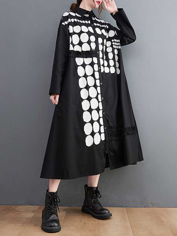 flowersverse A-Line Long Sleeves Asymmetric Buttoned Polka-Dot Lapel Midi Dresses