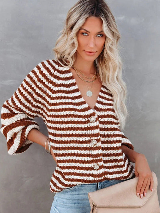 flowersverse Casual Loose Long Sleeves Striped V-Neck Cardigan Tops