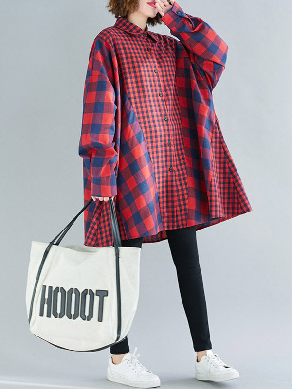 flowersverse Fashion Plaid Lapel Long Sleeve Blouse Top