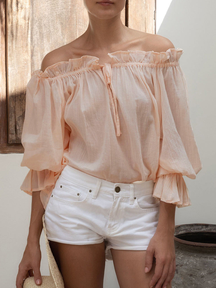 flowersverse Loose Puff Sleeves Ruffled Solid Color Off-The-Shoulder Blouses&Shirts Tops