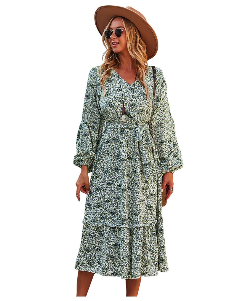 flowersverse Autumn Winter Sexy V Neck Print Dress Women Casual Full Sleeve Bandage Medium Long Floral Dresses High Wasit