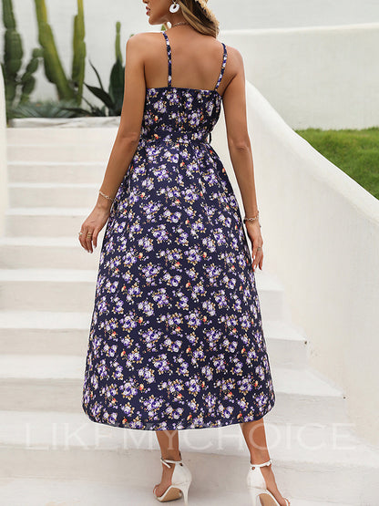 flowersverse Floral Spaghetti Strap Tie Waist Dress