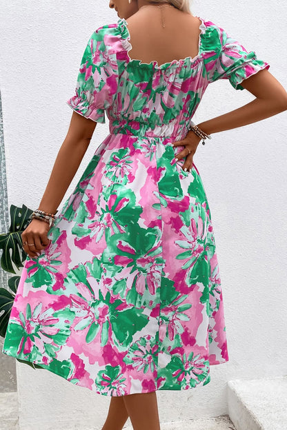 flowersverse Vibrant Floral Frill Trim Square Neck Midi Dress