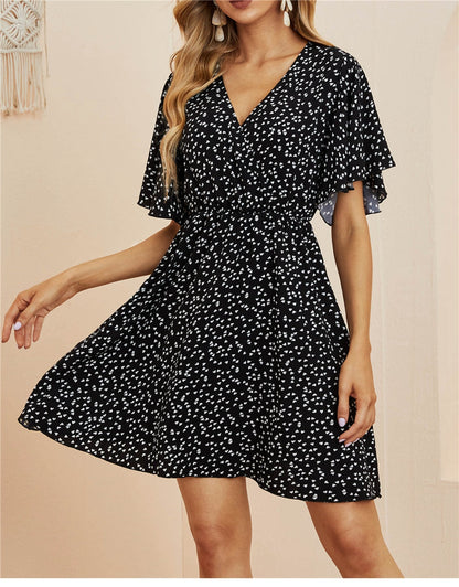 flowersverse Spring Summer Chiffon Dress Women V-Neck Love Dot Print Short Dresses Sweet Ruffle Sleeve Slim Ladies Drawstring Dress