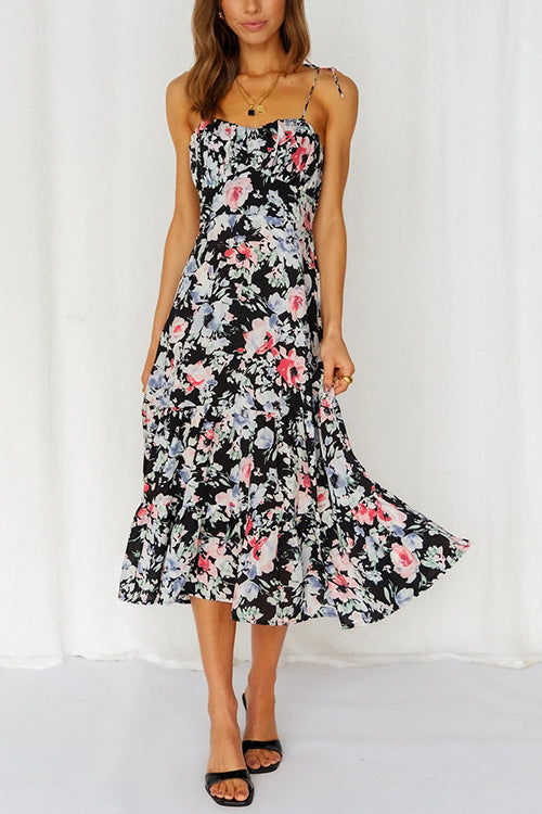 flowersverse Floral Tie Straps Ruffles Midi Dress