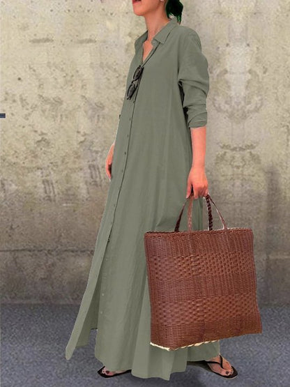 flowersverse Casual and simple plain long-sleeved shirt collar cotton and linen maxi dress