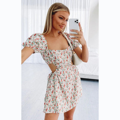 flowersverse Regular Sleeve Small Floral Print Backless Sexy Short Dress