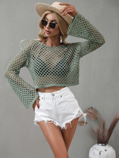 flowersverse Openwork Flare Sleeve Cropped Cover Up