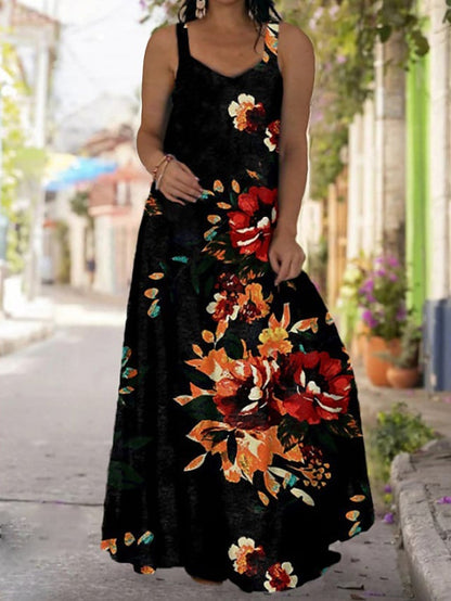 flowersverse Women's Plus Size Casual Dress Slip Dress Floral Butterfly Long Dress Maxi Dress Sleeveless Backless Print Strap Fashion Daily Black Light Green Spring Summer L XL XXL 3XL 4XL