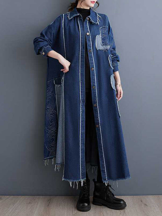 flowersverse Asymmetric Buttoned Fringed Split-Joint Long Sleeves Loose Lapel Trench Coats