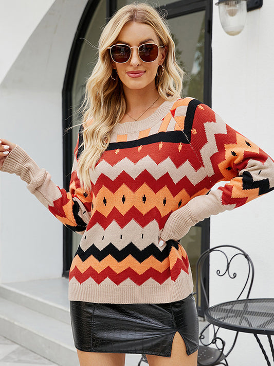 flowersverse Casual Loose Patchwork Round-Neck Sweater Top