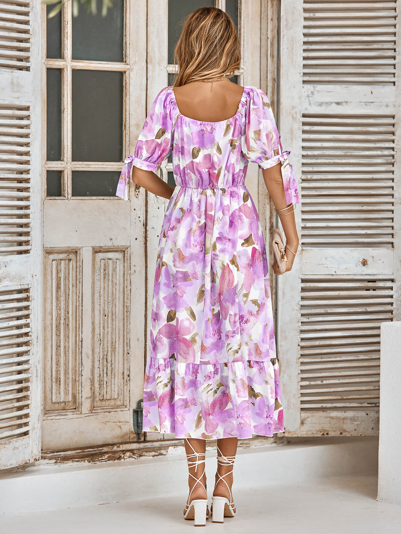 flowersverse TANYA PAINTING FLORAL SHORT SLEEVE MAXI DRESS - PURPLE