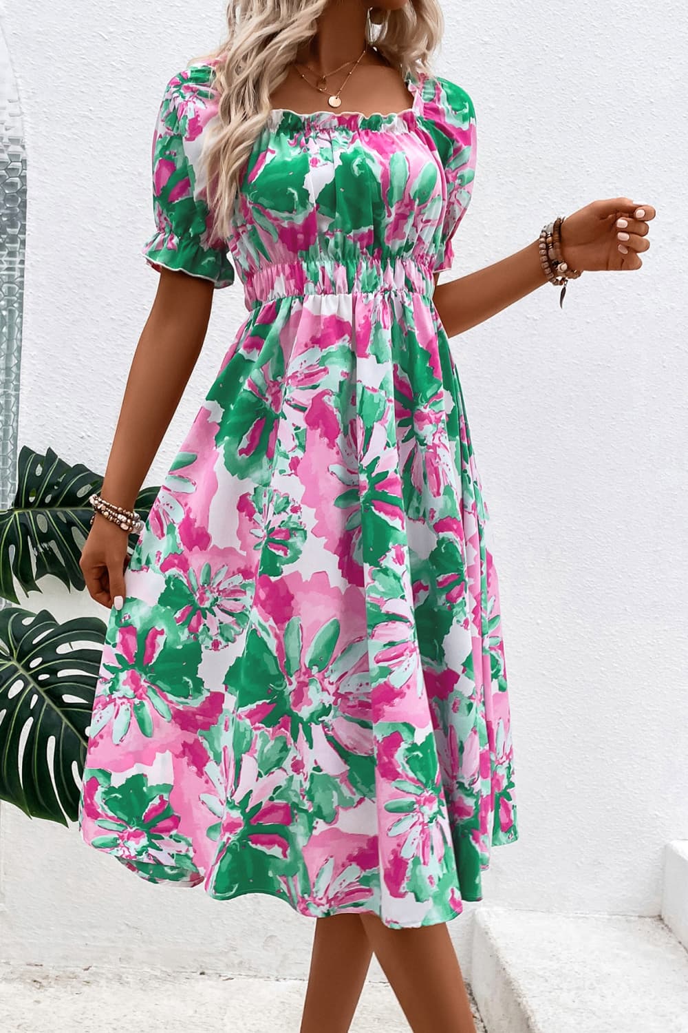 flowersverse Vibrant Floral Frill Trim Square Neck Midi Dress