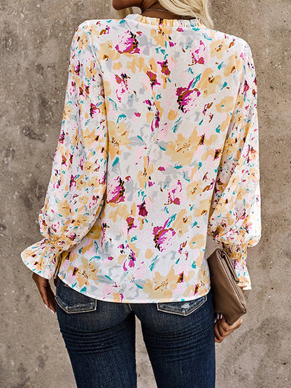 flowersverse Buttoned Elasticity Hollow Printed Tied Flared Sleeves Long Sleeves V-Neck Blouses&Shirts Tops