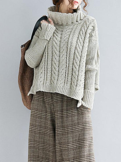 flowersverse Cable- Knit High-neck Solid Loose Sweater