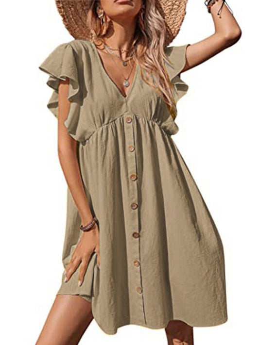 flowersverse Women's Summer Dress Casual Fold V-Neck Button Fashion Plus Size Dress Linen