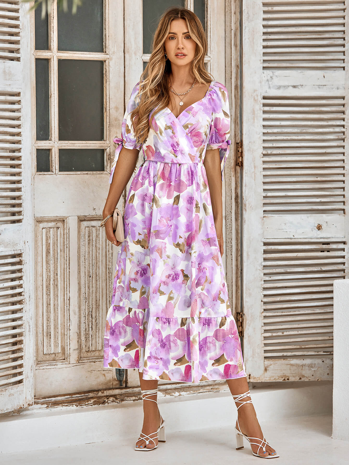 flowersverse TANYA PAINTING FLORAL SHORT SLEEVE MAXI DRESS - PURPLE