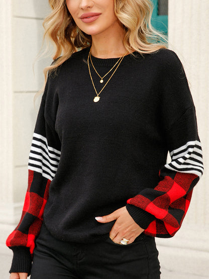 flowersverse Casual Long Sleeves Loose Checkered Round-Neck Sweater Tops