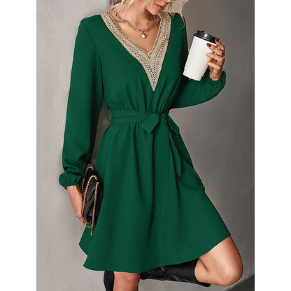 flowersverse Women's Work Dress Black Dress Semi Formal Dress Fashion Mini Dress Lace V Neck Long Sleeve Color Block Loose Fit Black Dark Green Fall Spring S M L XL