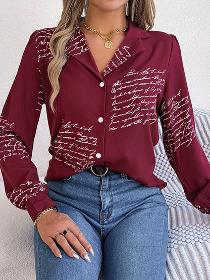 flowersverse Buttoned Letter Print Long Sleeves Loose Notched Collar Blouses&Shirts Tops