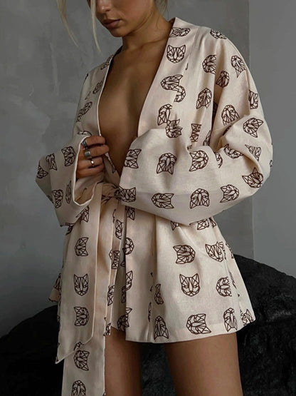 flowersverse  Loose  Printed  Long Sleeves Tied Waist Robes + High-Waisted Short Bottom Robes Pajama Sets