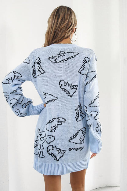 flowersverse Casual Dinosaur Pattern V-Neck Sweater Mini Dress