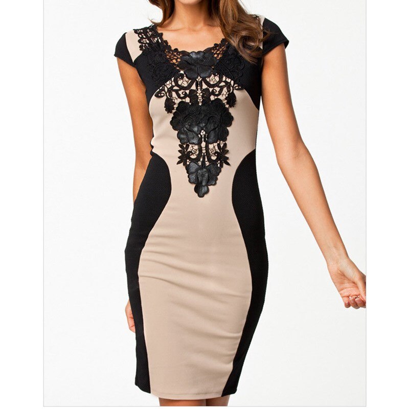 flowersverse Women Round Neck Lace Package Hip Dress Backless Bodycon Mini Dress