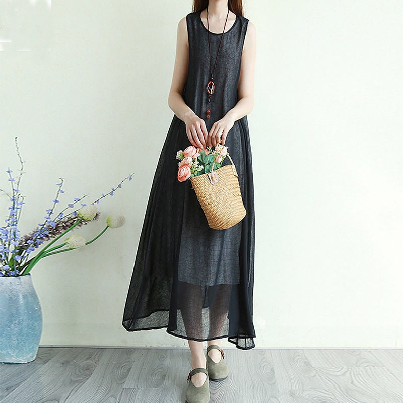 flowersverse Long Chiffon Temperament Dress With Vest