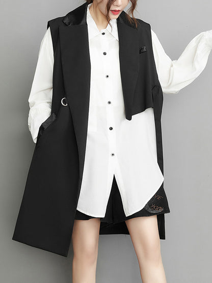 flowersverse Asymmetric Pockets Tied Sleeveless Notched Collar Vest Outerwear