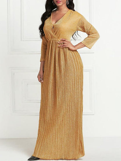 flowersverse Women's Maxi Long Dress 3/4 Length Sleeve Pleated Summer Hot Formal Gold