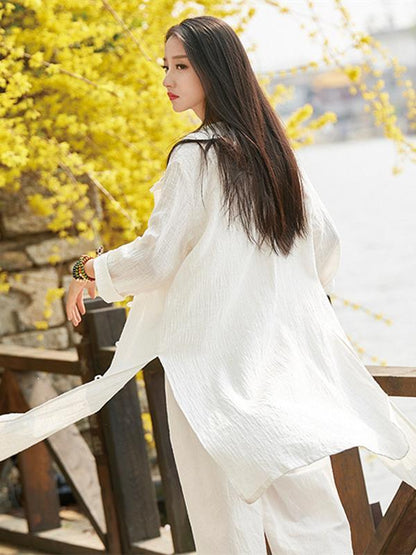 flowersverse Soft White Frog Ramie Cotton Linen Outwear Cardigan