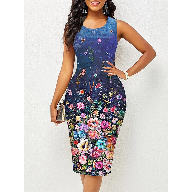 flowersverse Women's Work Dress Sheath Dress Semi Formal Dress Fashion Midi Dress Print Crew Neck Sleeveless Floral Slim Pink Red Blue Spring Summer S M L XL XXL