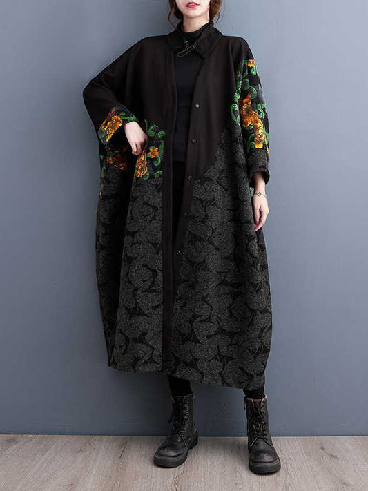 flowersverse Buttoned Drawstring Flower Print Split-Joint Long Sleeves Loose Collarless Trench Coats