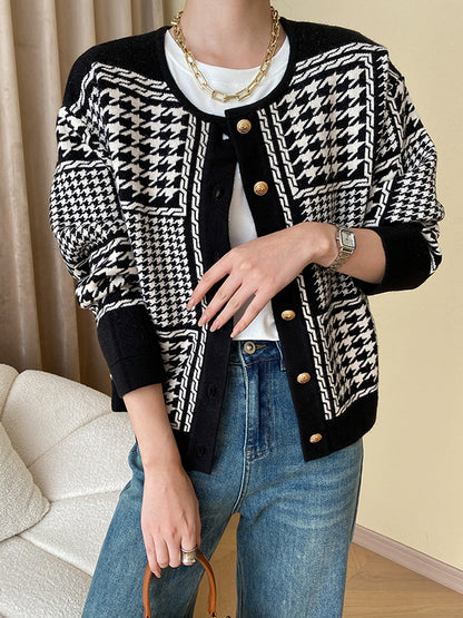 flowersverse Long Sleeves Loose Contrast Color Houndstooth Split-Joint Round-Neck Cardigan Tops