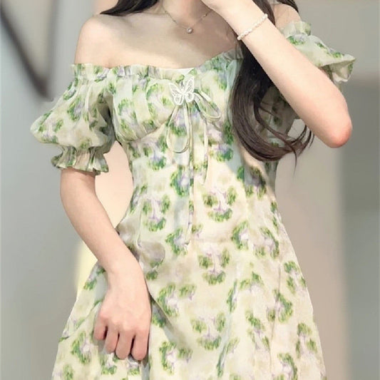 flowersverse Off-the-shoulder Bubble Sleeve Floral Dress