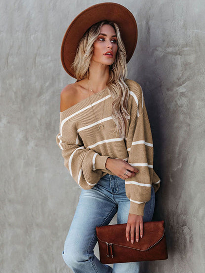 flowersverse Long Sleeves Striped Off-The-Shoulder Sweater Tops