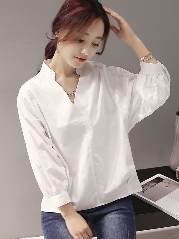 flowersverse Urban Stand Collar Solid Color Blouse Top