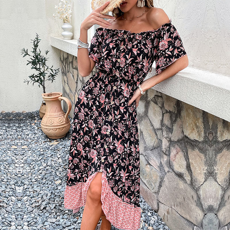 flowersverse Midi Floral Print Slip-Neck Black Dress